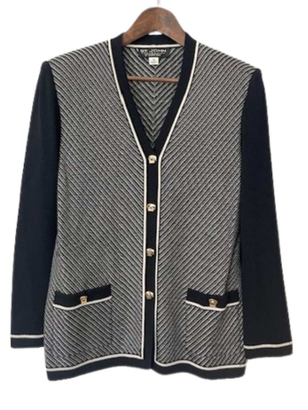 St. John Collection Santana Knit Cardigan Jacket V Neck Gold Logo Buttons Sz 12